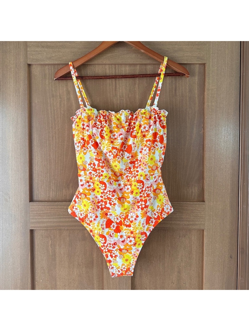 Aerie Tropical Print One Piece Bandeau Swimsuit Retro Floral Women’s Small